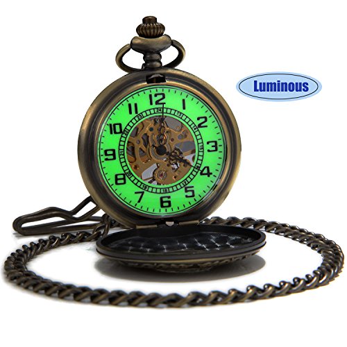 SEWOR Vintage Skeleton Mens Pocket Watch Luminous Case Mechanical hand wind With Brand Leather Gift Box (Hollow Bronze)