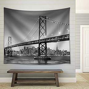 San Francisco Skyline and Bay Bridge at Sunset, California USA - Fabric Wall Tapestry Home Decor - 51x60 inches