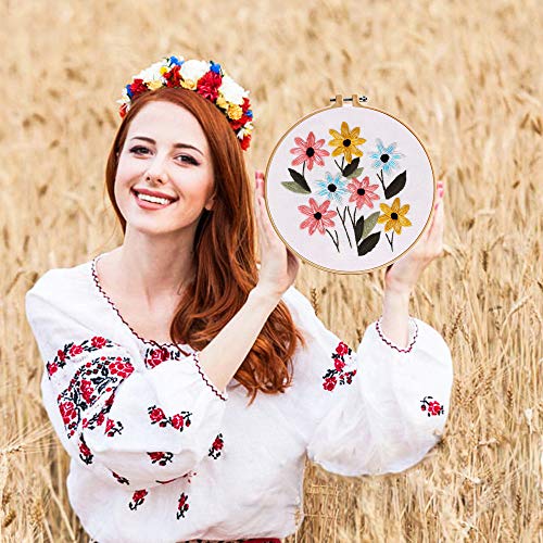 Embroidery Kit with Pattern, 2 Sets Embroidery Starter Kit with Instructions, Including Embroidery Clothes with Floral Pattern, Embroidery Hoop, Color Threads and Tools