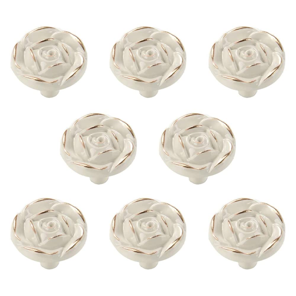 RESFNSE 8Pcs Antique Rose Flower Cabinet Knobs, Vintage Kitchen Shabby Chic Zinc Alloy White Drawer Pull Handles for Dresser