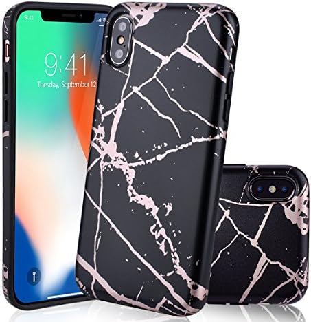 iPhone X Case, CANSHN [Shiny Rose Gold &amp; Black Marble Design] Clear Slim Shockproof Soft Flexible Matte TPU Bumper Cell Phone Case Cover Skin for Apple iPhone X [5.8 inch]