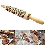 Adealink Christmas Rolling Pin Engraved Carved Wood Embossed Rolling Pin Kitchen Tool