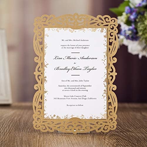 VEMELKA Vintage Wedding Invitations Cards with Laser Cut Gold Glitter Lace for Bridal Shower,Engagement,Anniversary or Other Event Ideas (1 Piece)