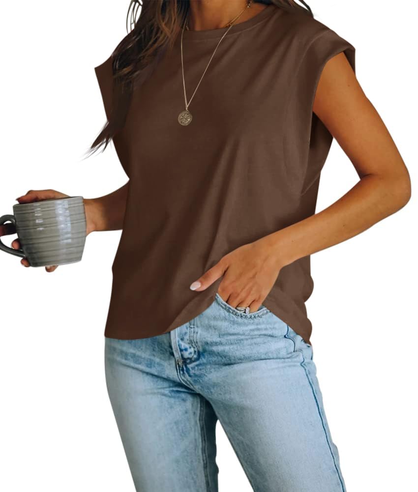 Photo 1 of Women's Cap Sleeve Tank Top Crew Neck T Shirts Loose Fit Basic Summer Casual Tee Tops Coffee