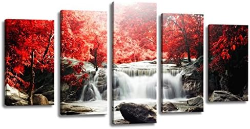 OUTH Home Décor Canvas Printing 5 Panels Red Woods Waterfall Wall Picture Nice Scenery Artwork Decor Printing