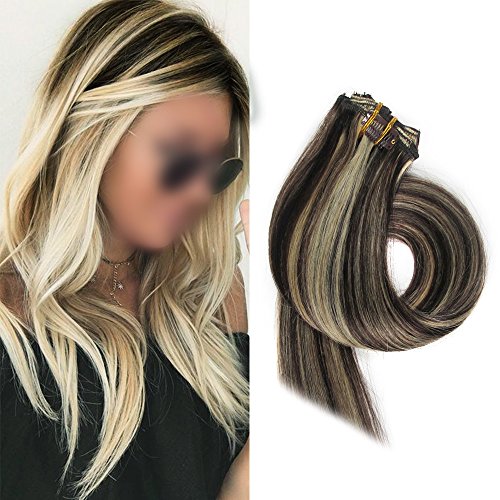 BETTY Clip In Human Hair Extensions 15 18 20 22 Inch 7pcs 70g Set Silky Straight Human Remy Hair Omber Color (20inch, #2/613)