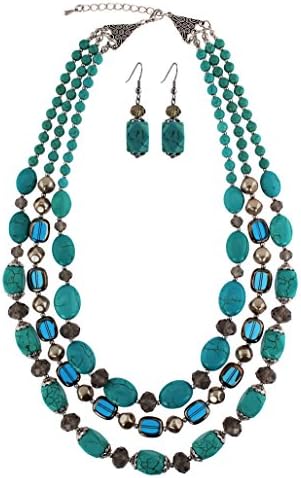 Turquoise Semi Precious Reconstituted Stone Three Line Layering Necklace Set with Earrings