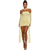 JUMISEE Women’s Sheer Mesh Long Sleeve Mini Dress Sexy Ruched Ribbon Strapless Bodycon Dress Party Birthday Dresses