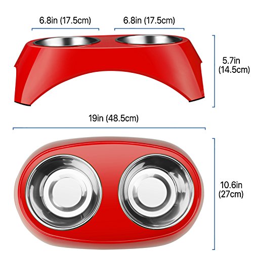 Flexzion Pet Feeder Bowls Double Stainless Steel (Set of 2) - Removable Raised Feeding Station Tray Dog Cat Puppies Animal Food Water Holder Container Dish Table Dinner Set with Elevated Stand (Red)