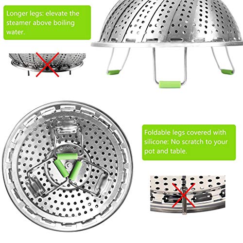 Vegetable Steamer Basket Stainless Steel Steamer Insert for Steaming Veggie Food Seafood Cooking, Metal Handle Foldable Legs, Collapsible to Fit Various Pot Pressure Cooker (7.1" to 11")