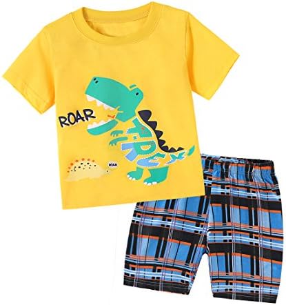 Dailybella Baby Boys Summer Clothes Short Sleeve T-Shirts Shorts Set 2pcs Dinosaur Toddler Outfits Clothing (5T, Yellow)