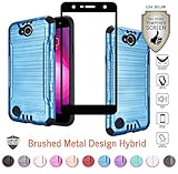 LG X Charge, LG X Power 2, LG Fiesta 2 LTE, with Full Edged Tempered Glass Screen Protector, Heavy Duty Metallic Brushed Slim Hybrid Shock Proof Armor Defender Protective Case Cover (Blue)