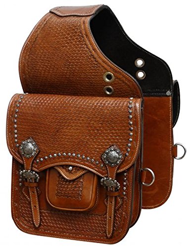 Showman Basket Weave Tooled Leather Saddle Bag w/Engraved Brushed Nickel Conchos & Buckles! New Horse TACK!