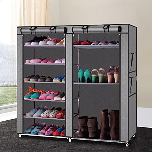 Portable Double Rows 9 Grid Shoe Rack Shelf Storage Closetwith Dustproof Cover Organizer Cabinet (Grey)