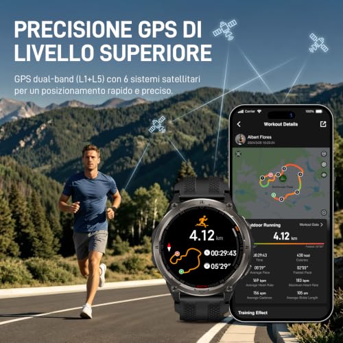 KOSPET ORB 2 Smartwatch uomo Rugged, GPS Dual-band, Impermeabile IP69&5ATM | Batteria da 500mAh, Torcia LED Integrata, 170+ Modalità Sportive, Monitor della Salute, Compatibile con Android & iPhone Nero