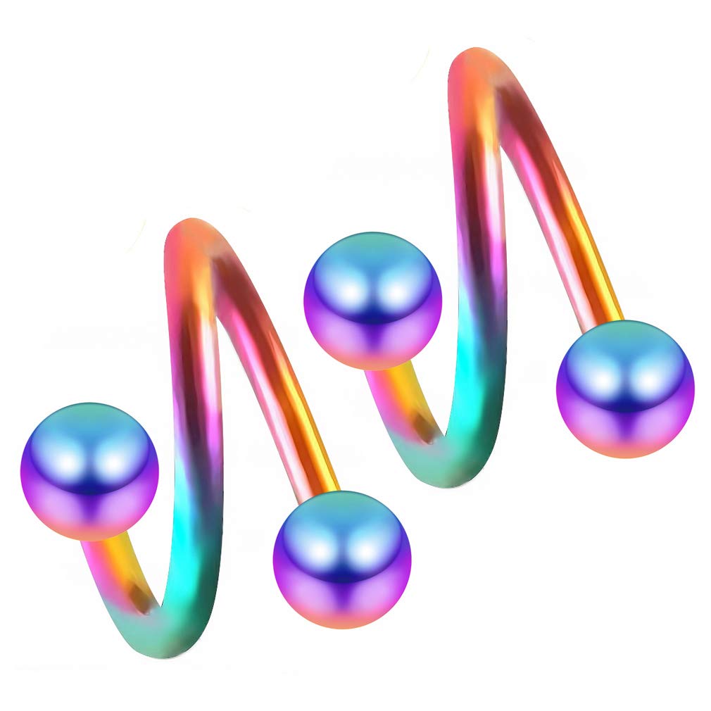 Bling Piercing 2pc Rainbow 1.2mm 16g Surgical Steel Twisted Barbell 4mm Ball Spiral Cartilage Earrings Lip Tragus Eyebrow Hoop Helix - 8mm