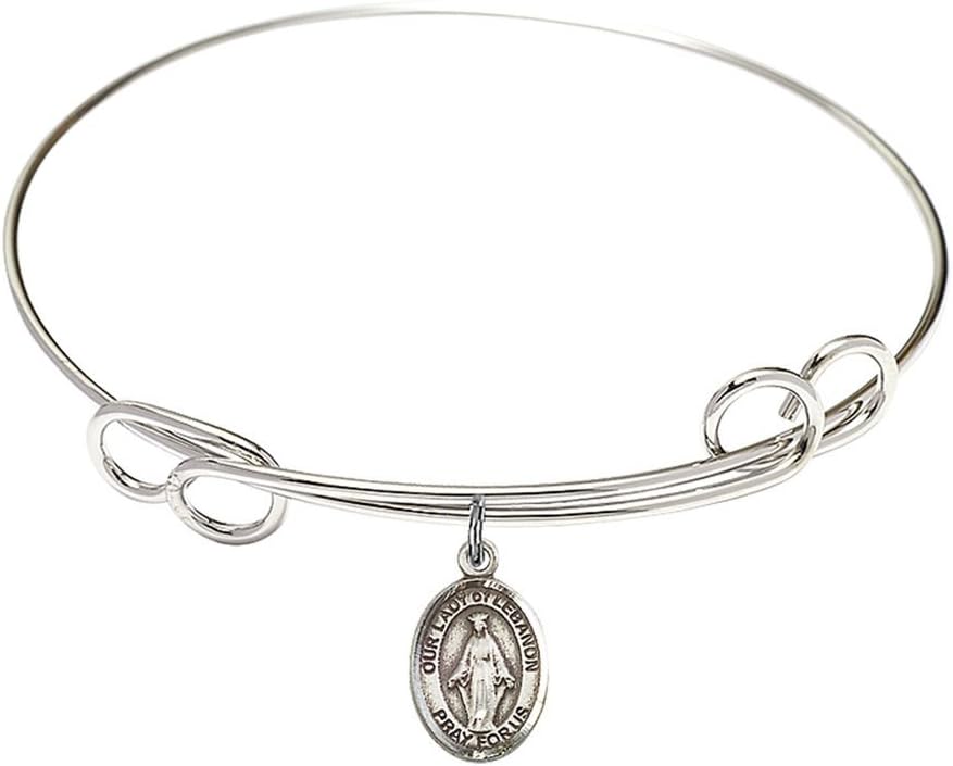 Rhodium Plate Double Loop Bangle Bracelet with Catholic Patron Saint Petite Charm, 8 1/2 Inch