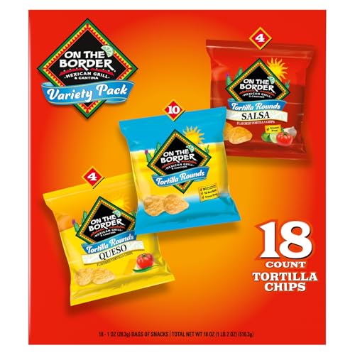 ON THE BORDER TORTILLA CHIPS VARIETY PACK, 18 COUNT SINGLE-SERVE BAGS (1 OZ EACH) – INCLUDES TORTILLA ROUNDS, QUESO FLAVORED TORTILLA ROUNDS, AND SALSA FLAVORED TORTILLA ROUNDS – PERFECT FOR SNACKING, LUNCHES, AND ON-THE-GO