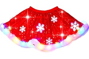 REETAN Light up Christmas Sequins Skirt with Snowflake LED Xmas Sparkly Christmas Skirt for Women Red
