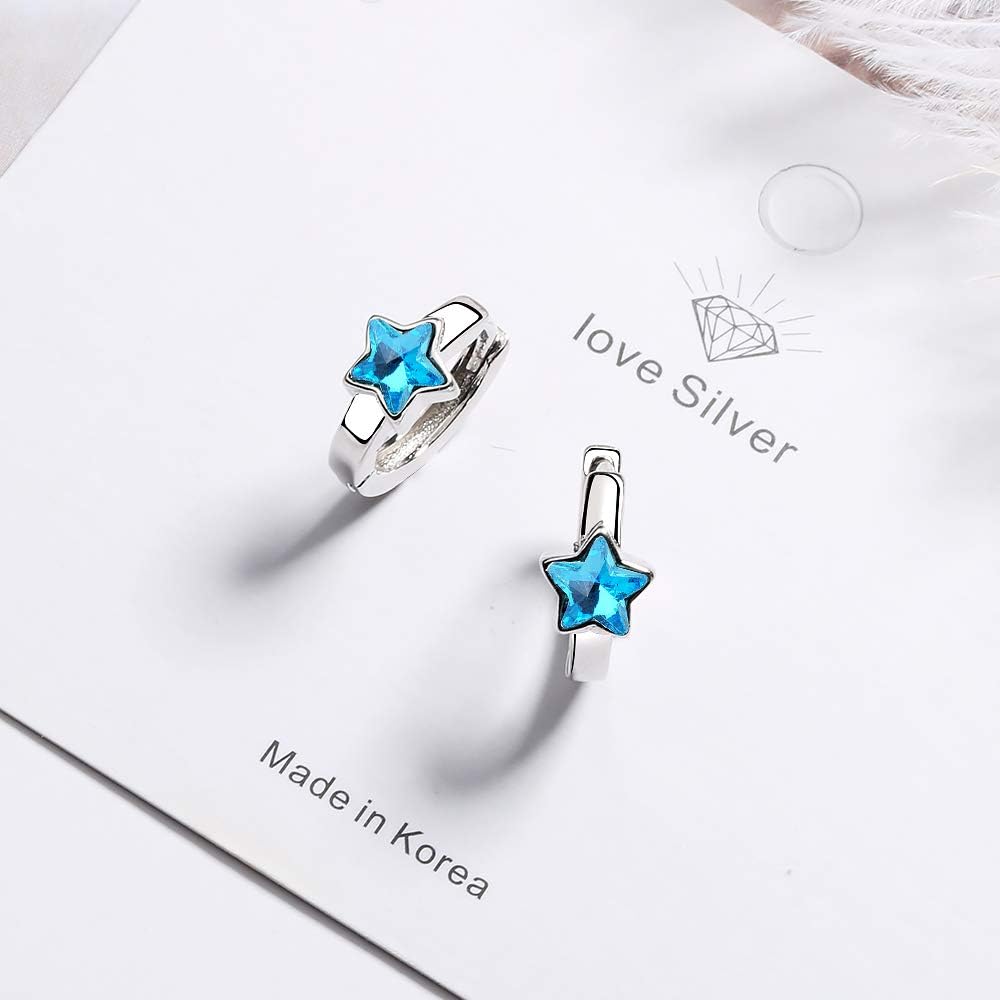 Cute Blue Crystal Star Circle Small Hoops Earrings for Women Jewelry Kids Girls Gifts oorbellen Gift, Blue,Silver - Image 4