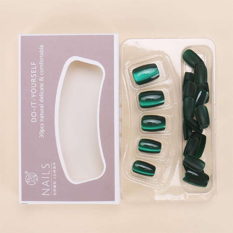 Dark Green Press on Nails Short Square Fake Nails Cat Eye Acrylic Nails Ombre Artificial Nails Glue on Nails Glossy Squoval False Nails Xmas Stick on Nails for Women 30Pcs - Image 7