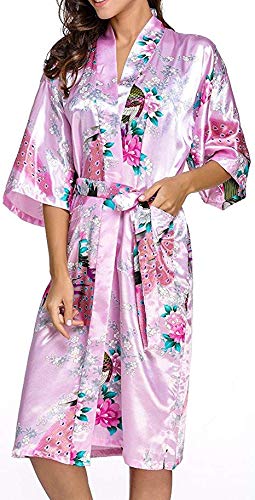 Silky Satin Kimono Robe for Women, Peacock Blossom, Long - Baby Pink - Large
