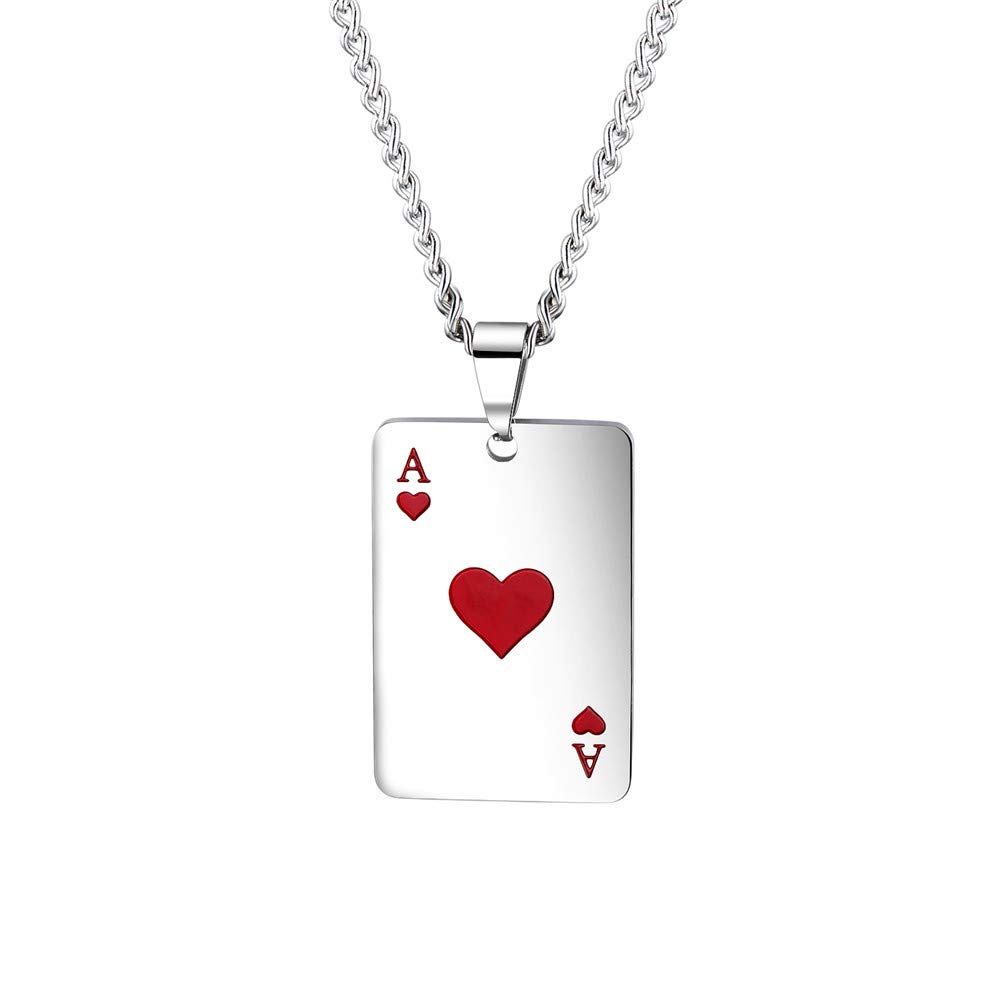 PAURO Men's Stainless Steel Gothic Poker Playing Card Personality Hip Hop Necklace Chain 24" Red