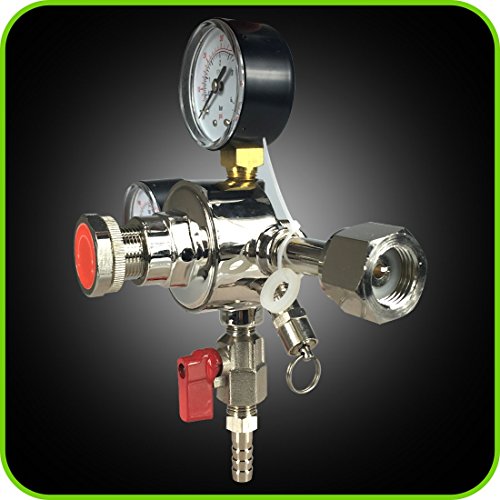 Co2 Beer Regulator Dual Gauge Draft Beer Dispensing Kegerator Heavy Duty 0 to 60 PSI - 0 to 3000 Tank Pressure CGA-320 Inlet Connection with 3/8" O.D. Outlet Barb Features Safety Pressure Relief Valve