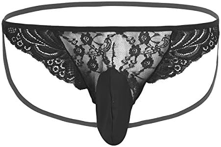 Freebiy Men's Lace Jockstrap Briefs Sissy Pouch Panties Crossdress Underwear Lingerie Black Large (waistline 27.5-39.0")