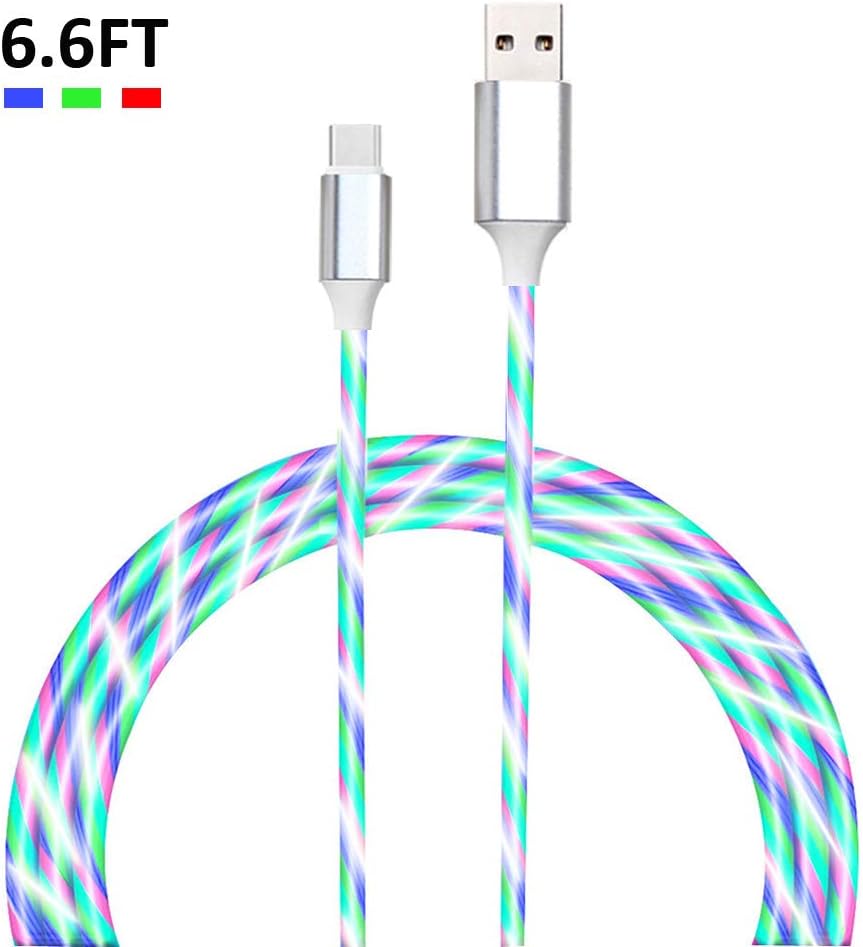 LED USB C Cable 6.6FT Fast Charge Sync Data Cord Visible Flowing Type C Charging Cable Compatible with Samsung Galaxy S9 S8 Plus Note 9 8, Sony Xperia XZ, Nexus๏ผSilver-Type C๏ผ