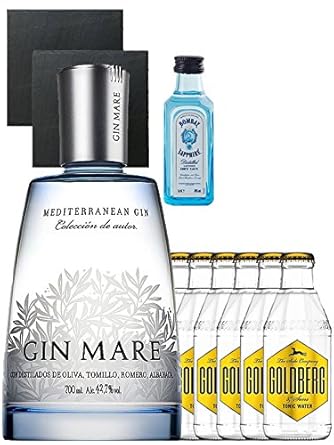 Gin-Set Gin Mare aus Spanien 0,7 Liter + Nordes Atlantic Gin 0,05 Liter Miniatur + 6 Goldberg Tonic Water 0,2 Liter + 2 Schie
