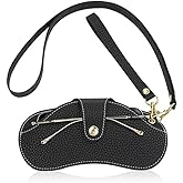 1 Pc Black Soft Leather Sunglasses Bag, Portable Leather Glasses Case Holder, Slim glasses Organizer Bag with Strap for Women Men