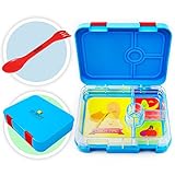 Kid Bento Lunch Box Container for Kids - Leakproof Insulated Childrens 4 Compartment Reusable Food Containers - Lunch Boxes include 2 in 1 Spoon and Fork Spork Set - Microwave and Dishwasher Safe