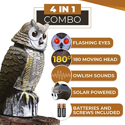BuboBoss Fake Scarecrow Owl Decoy 16 Inch Solar Powered Motion