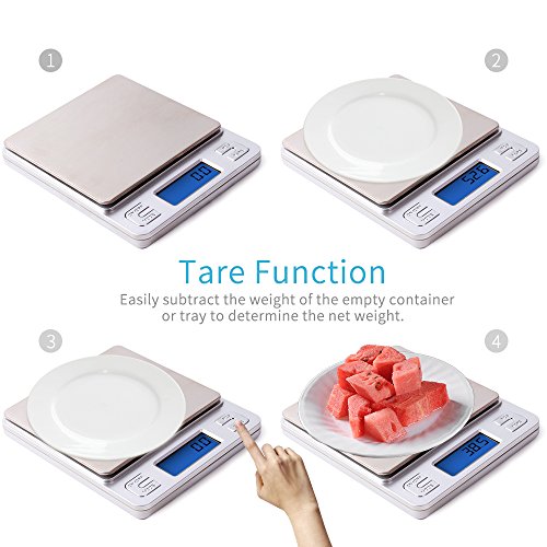 Dapai Mini Digital Kitchen Scale, Multifunction Food Scale, 0.1g-3kg, Tare & PCS Functions, Back-Lit LCD Display, Stainless Steel, Batteries Included (Silver)