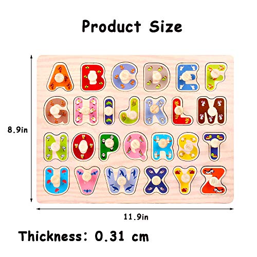 Kids Wooden Peg Puzzles Play Set - Alphabet ABC Numbers 123 Puzzles Board - Pegged Puzzles for Toddler Children Learning Educational Puzzles Toys Gift for 1 2 3 Year Olds Toddlers Boys and Girls - Thumbnail 6