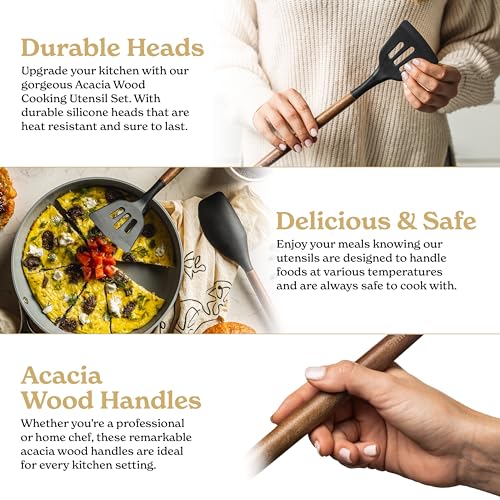 SMIRLY Kitchen Utensils Set – 22-Piece Silicone Cooking Utensils Set, Spatula Set with Holder, Wooden Handle Silicone Kitchen Gadgets for Nonstick Cookware