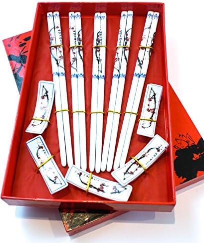 Authentic Chinese Chopsticks - Includes Chopstick Holder - Porcelain Chopsticks - Perfect for Holiday Gift Ideas - Box Set of 5 (Blossom) ...