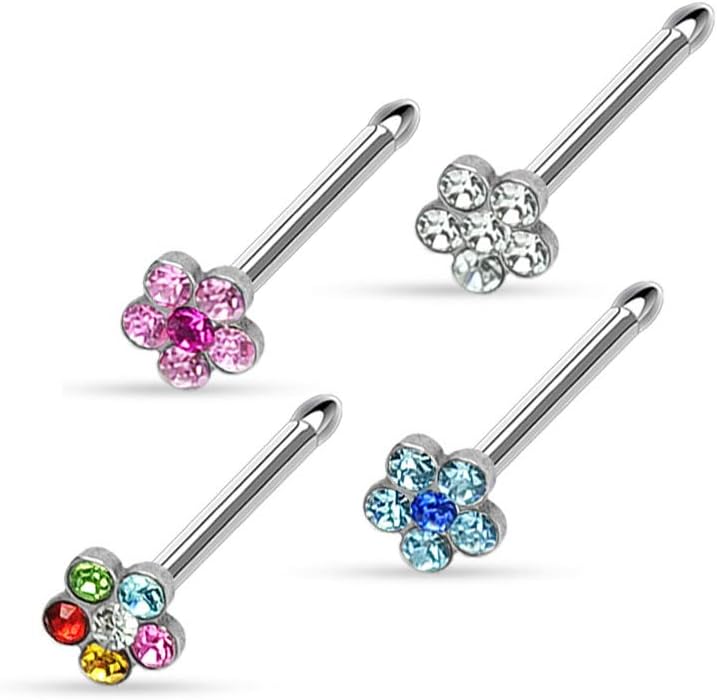 4 Pack of Flower Gem Nose Stud Bars in Assorted Colours Surgical Steel