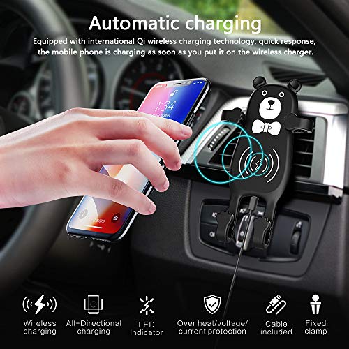 JDgoods Creative Bear Wireless Qi Fast Charge Car Mount Holder Compatible with iPhone Xs Max/XS/XR/X/8/8 Plus, Samsung Galaxy S10/S10+/S10E/Note 9/S9/S9+/Note 8/S8/S7, AirPods and More (Black)