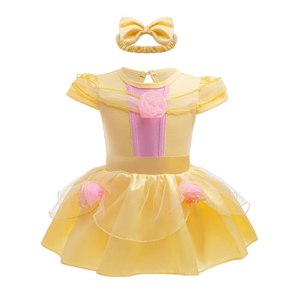 Lito Angels Baby Girls Princess Belle Fancy Dress Up Costume Infant Onesie Bodysuit Romper Birthday Outfits with Headband Age 3-6 Months