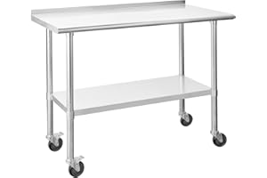 Chingoo Stainless Steel Table with Wheels 24 x 48 Inches Metal Prep Table with Backsplash & Adjustable Undershelf, Stainless Table for Commercial Kitchen, Outdoor, Restaurant, Hotel & Garage