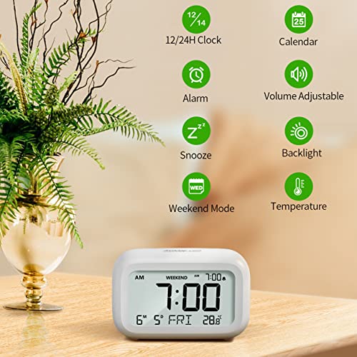 DOOMAY Digital Alarm Clock Bedside - Battery Powered Clock with LCD Display Volume Adjustable Snooze and Weekend Mode for Bedroom Office Desk Travel (White)