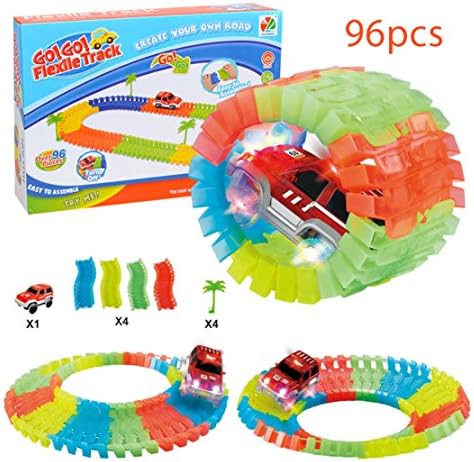 Race Rail Car Track Toy Set for Kids Birthday and Christmas Gift Age 3, 4, 5, Glow in the Dark Flexible Track with LED Battery Operated Car, Trees Included 96 Pieces