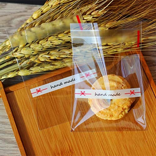 Aboonlys Handmade Cookie Bags 100 PCS, Cute Bowknot Self Adhesive Plastic Candy Bags for Wedding Cookie Birthday Cake Pops Gift Candy Buffet Supplies, with Mysterious Gifts 2.75 x 2.75in