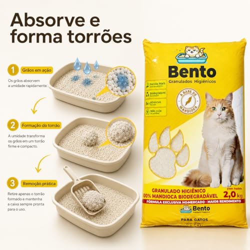 Areia Sanitária Higiênica para Gatos 2kg Biodegradável de Mandioca Alto Poder de Absorção Natural sem Perfume Torrão Firme Baixa Poeira para Caixa de Areia e Ajuda no Controle de Odores