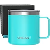 CHILLOUT LIFE Stainless Steel 16 oz Vacuum Insulated Coffee Mug with Handle and Lid, Large Thermal Camping Coffee Mug Cup with Durable Sliding Lid for Men & Women, Keeps your Beverages Hot/Cold