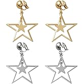 HOBBIESAY 4Pcs 2 Colors Star Ear Clip Star Dangle Drop Earrings Non Piercing Ear Clip Earrings Dangle Style Hollow Earring Trendy Christmas Party Jewelry Gifts for Women