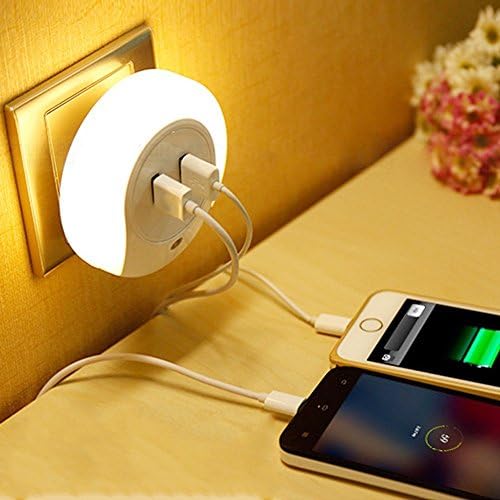 LuxLumi LED Wall Charger Night Light with Sensor Fast Charge 2 USB Charging Ports and ON Off Switch for Bathroom Hallway Office Bedroom Kitchen Home Apartment Dorm Christmas Party (White)