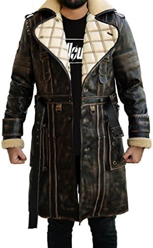 Abbraci Men's Brown Distressed Shearling Genuine Leather Trench Coat